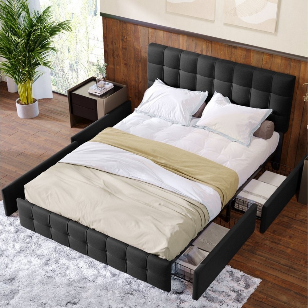 Refined Living Polsterbett Doppelbett mit Lattenrost Stauraum Bett mit Schubladen (modernes Polsterbett Hautfreundliches Leinenmaterial quadratisches Nähdesign Metalllattenstütze, 1-tlg, Funktionsbett + 4 Schubladen ohne Matratze 140*200 cm), mit Betts... Bild 1