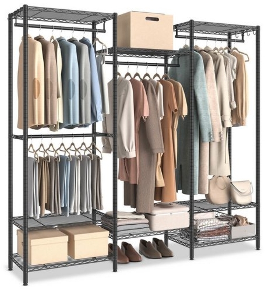 SONGMICS Kleiderständer, offener Kleiderschrank, Garderobe aus Metall, Garderobenständer mit verstellbaren Ablagen und Kleiderstangen, Haken, hochbelastbar, trennbar, tintenschwarz LGRDE431B01 Bild 1