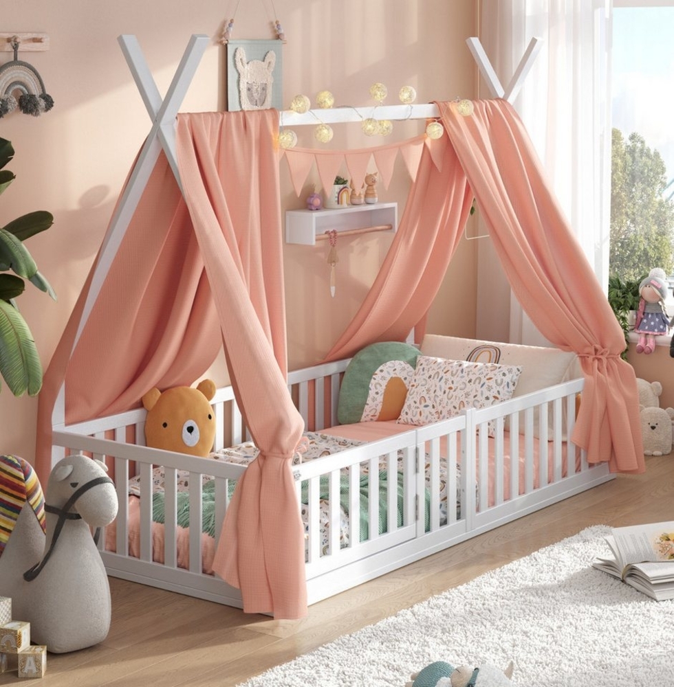 Alavya Home® Kinderbett Hausbett Bodenbett SKY SET aus Buche – FSC® 100% mit Tür & Deko (Hausbett 80x160 cm SET mit Tür, Decoration Rosa, Matratze, Rausfallschutz & Lattenrost Kinderbett 80x160), bodentiefes Jugendbett weiß massiv BUCHE für Junge Mädchen Bild 1