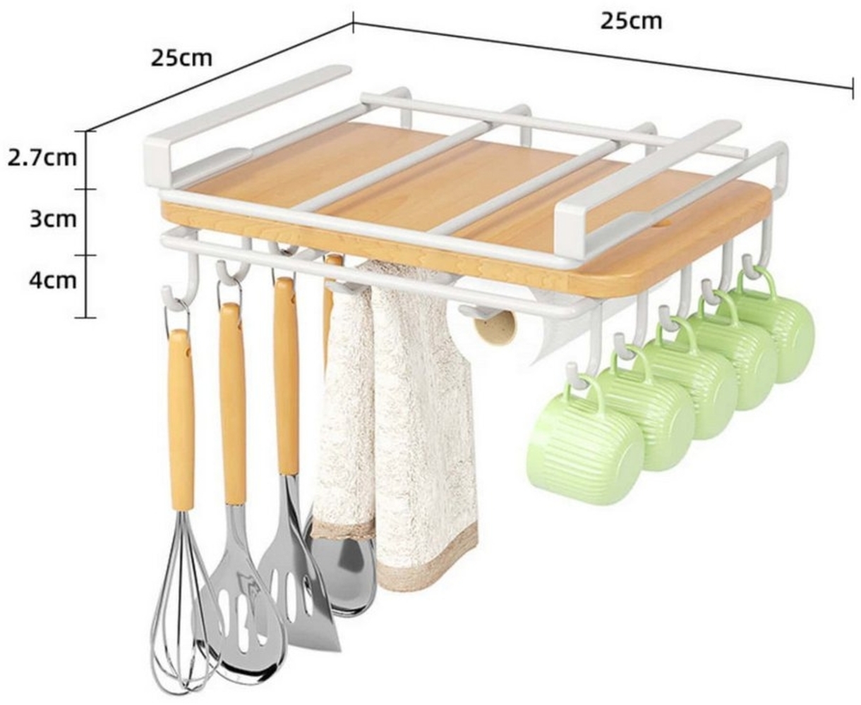 ibettertec Hängeregal Küchenregal, Regal ohne Bohren mit Haken und Rollenhalter, Hänge-Halter Teleskop-Küchenregal, Hängeregal für Schneidebretter, Tassen und Schneidebrett-Abdeckungen Bild 1