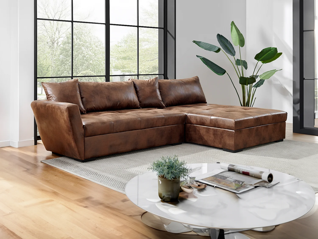 Vente-unique - Ecksofa mit Schlaffunktion - Mikrofaser - Braun mit Vintage-Look - Ecke Rechts - ROMANE II Bild 1