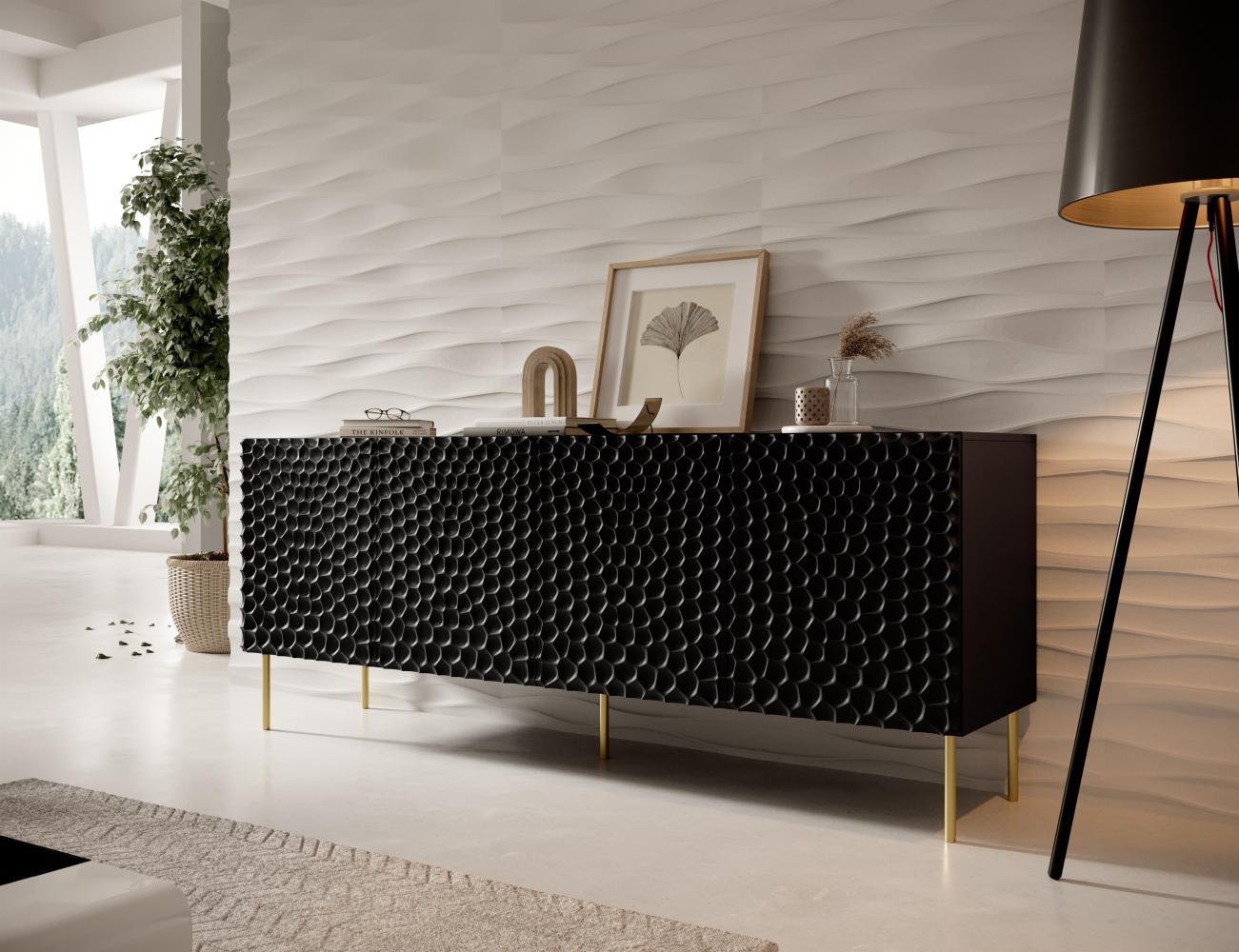 Domando Sideboard Lamezia M2 Modern Breite 190cm, aufwändig gefräste Fronten, hohe Füße in Schwarz Matt Bild 1