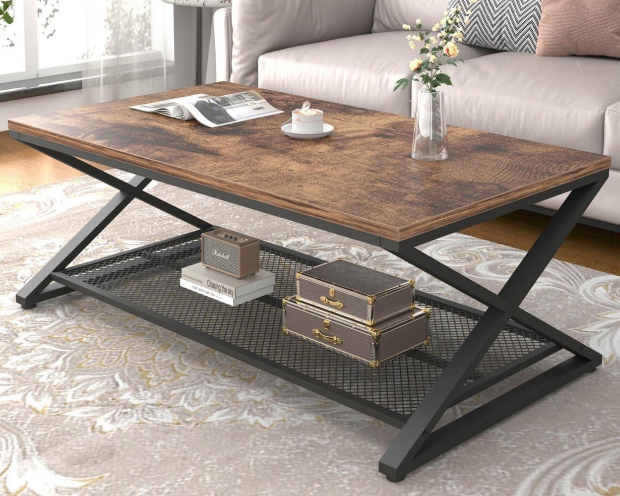 Rustikaler Couchtisch 2 Etagen Industrie Holz Metall Wohnzimmertisch 119,4cm Bild 1