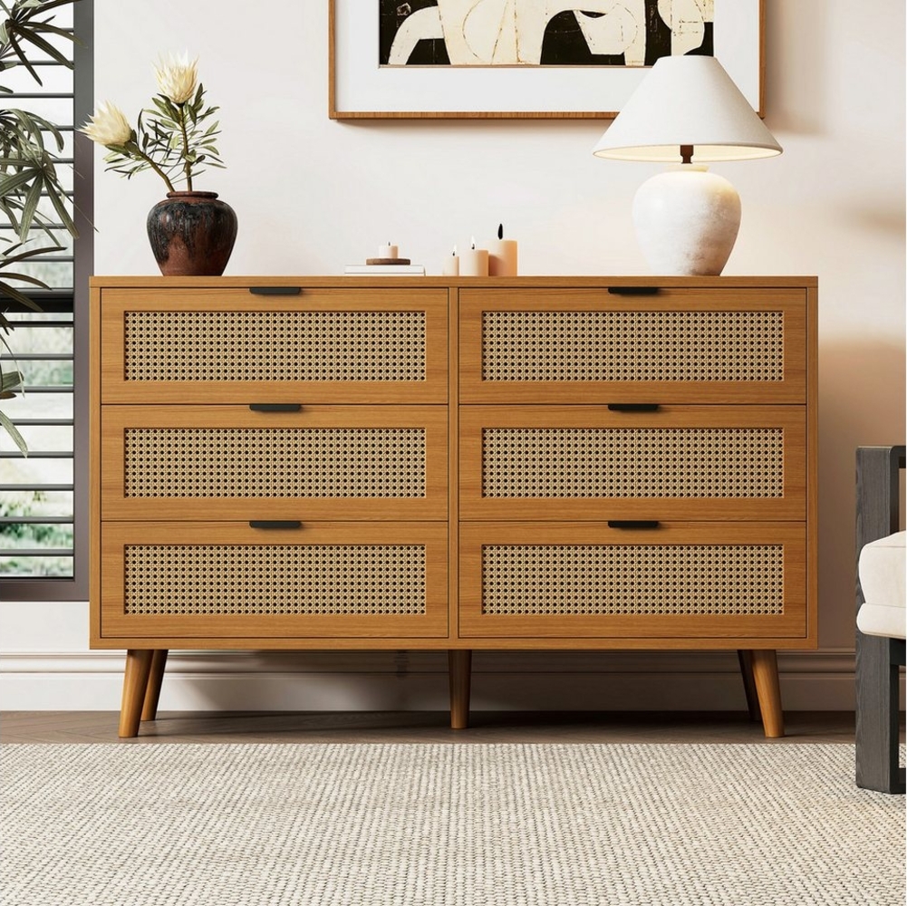 Flieks Kommode (120 x 76,5 x 40 cm, 1 St), Sideboard mit 6 Schubladen Rattan Aufbewahrungsschrank Massivholzbeine Bild 1