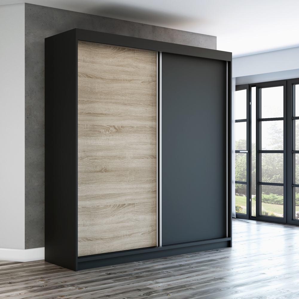 Schwebetrenschrank STIL 2-trig Schrank 180 cm (mit Spiegel) Farbe: Schwarz, sonoma Bild 1