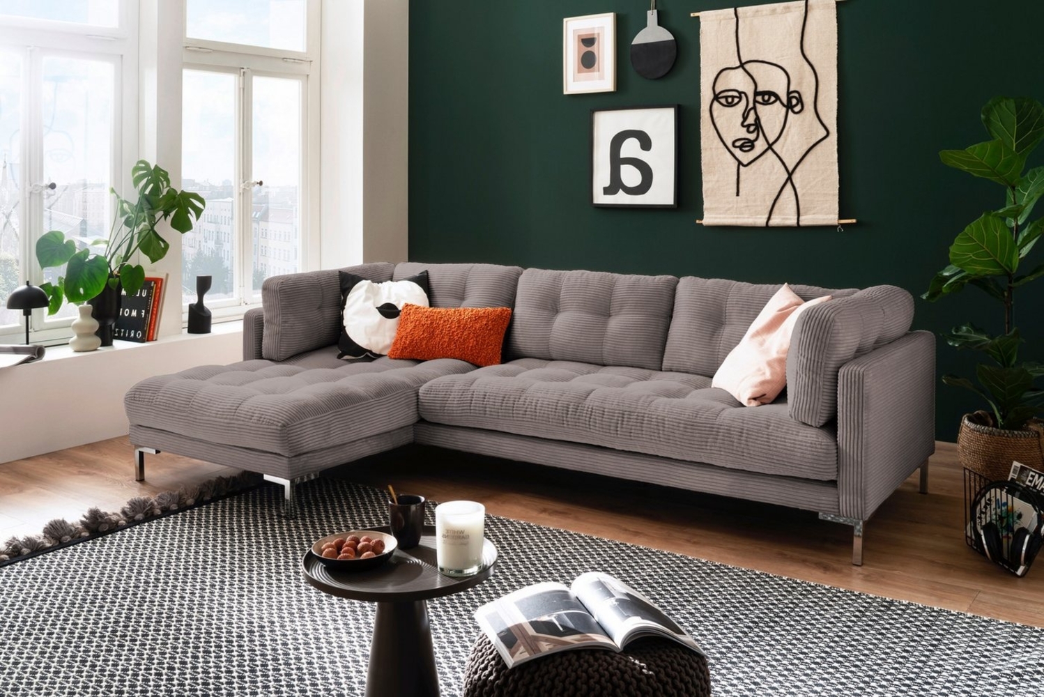 Trends by HG Ecksofa Landau L-Form, in Cord-Stoff mit Metallfuß Bild 1