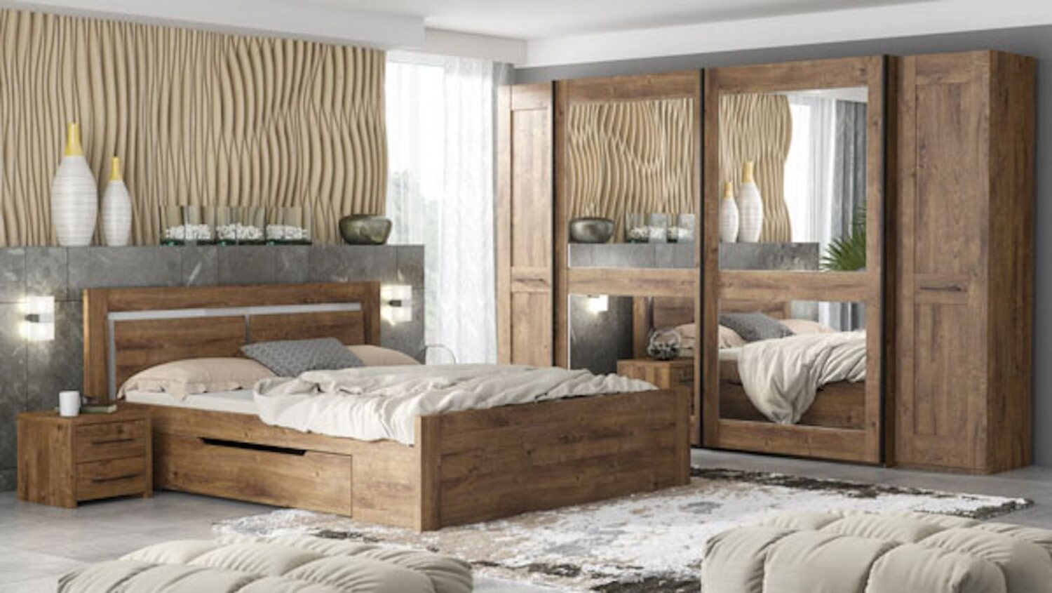 Schlafzimmer Set 6tlg Madryt Kleiderschrank Bett 160cm Nachtkonsolen ribbeck eiche Bild 1