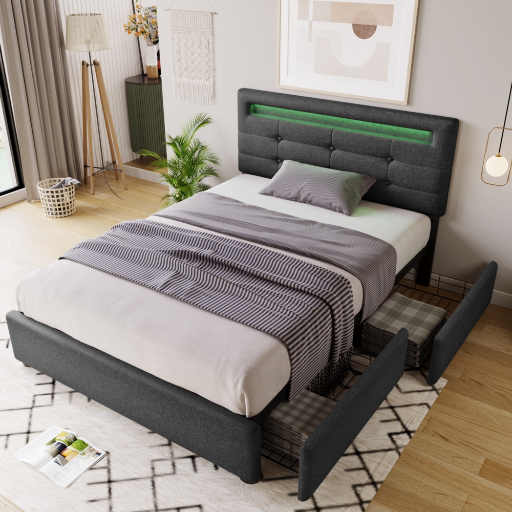 Polsterbett 90x200 cm aus Leinen mit LED-Beleuchtung und 2 Schubladen Bild 1