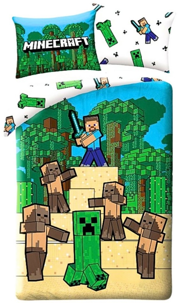 Minecraft Bettwäsche Creeper & Steve, Baumwolle, 2 teilig, Jungen Wendebettwäsche 135-140 x 200 cm Bild 1