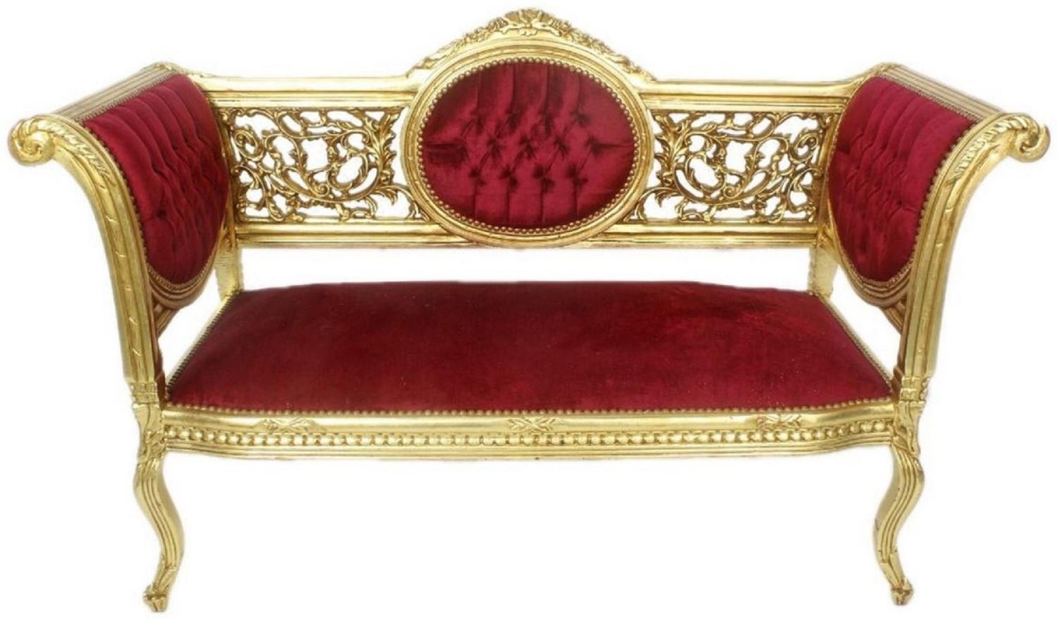 Casa Padrino Barock Sitzbank Bordeauxrot / Gold 155 x 50 x H. 70 cm - Prunkvolle Massivholz Bank mit edlem Samtstoff - Barockmöbel Bild 1