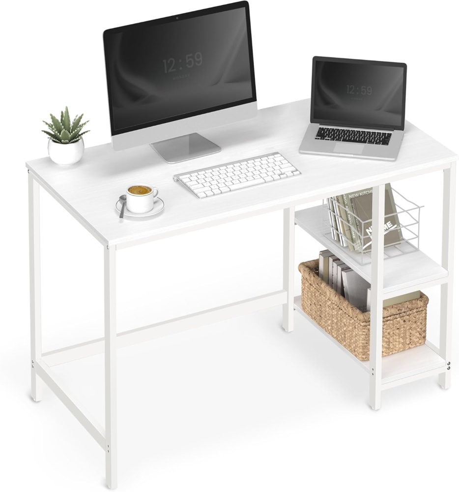 Vasagle Schreibtisch im Industrie-Design, mit 2 Ablagen auf der rechten oder linken Seite, Stahlgestell, Weiß, 120 x 60 x 75 cm Bild 1
