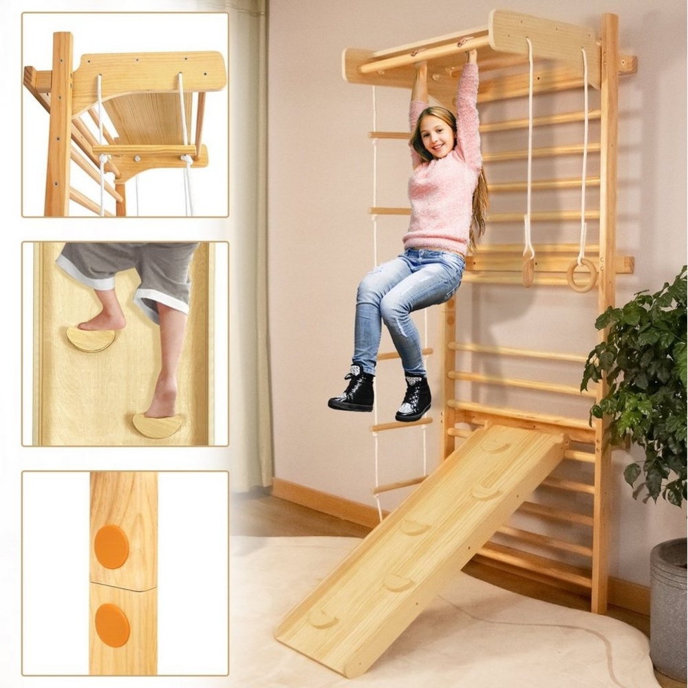 AUFUN Sprossenwand Kletterwand Turnwand Holz Kletter-Trainingsgerat Klettergeriist, (inkl. Klimmzugstange), bis 100kg Bild 1