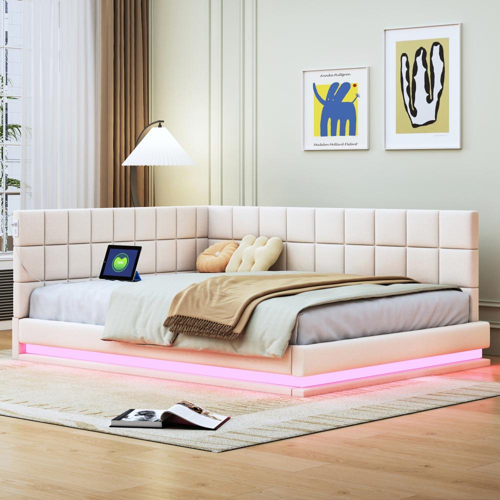 Merax Polsterbett Schlafsofa 140*200 Multifunktionsbettmit LED Lichtleiste, USB Steckdose und Lattenrost, hautsympathischer Samtstoff, beige Bild 1