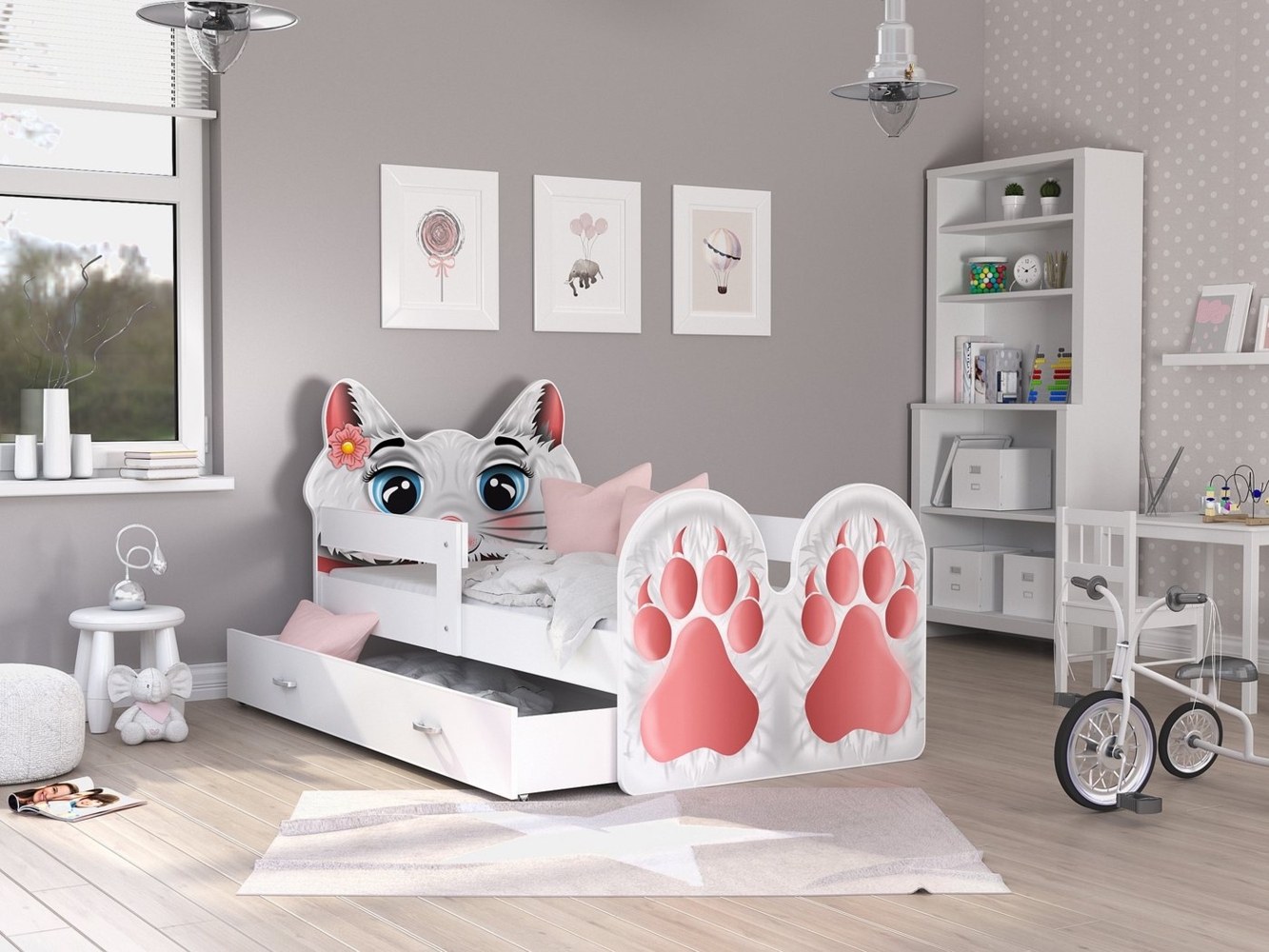 AJKmeble Jugendbett Kinderbett im süßen Katzen cat Design mit Schublade (80x140, 80x160 und 80x180cm, Made in Europe - mit zwei wählbaren Motiven), aus Kiefernholz Bild 1