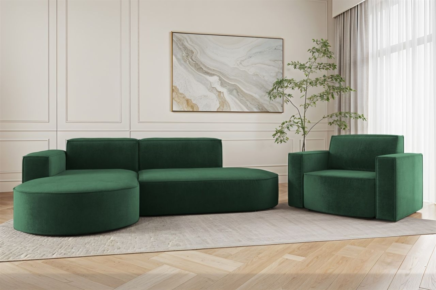 Sofa Set 2-teilig Sessel und Ecksofa PALMA XS Stoff Noel Grün Ottomane Links Bild 1