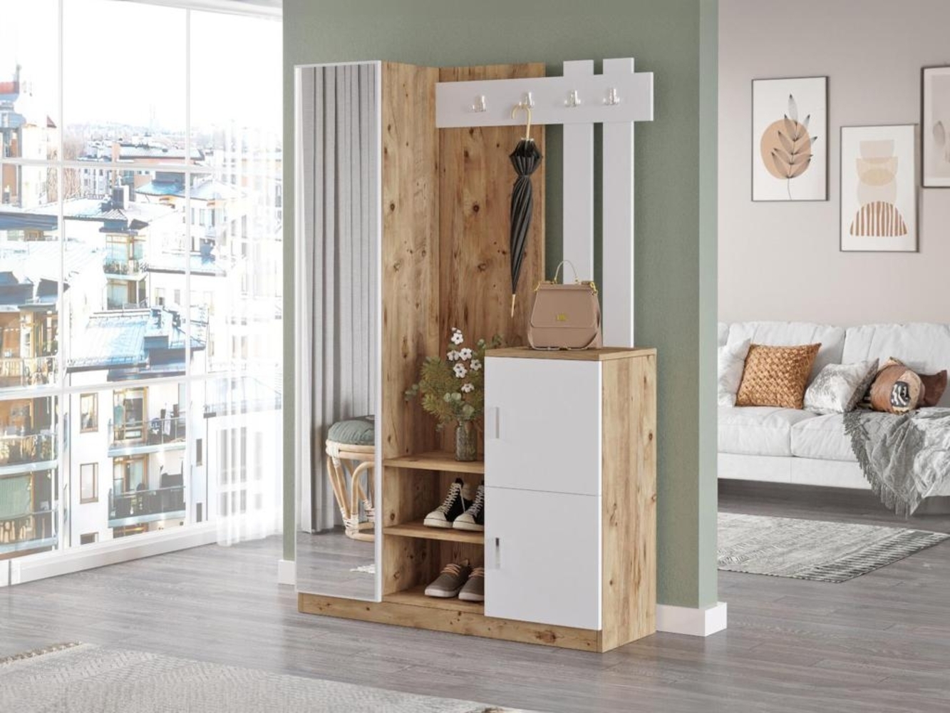 Vente-unique - Garderobe mit 3 Türen & 1 Spiegel - Weiß & Holzfarben - MIROTA Bild 1