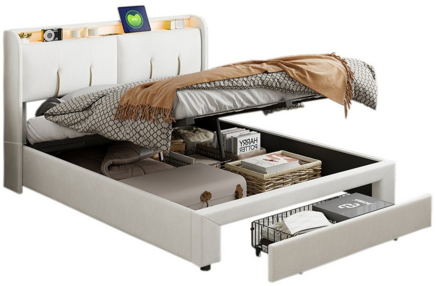 FUROKOY Stauraumbett Polsterbett Doppelbett mit LED-Beleuchtung Stauraum Kopfteil (Aufklappbares Kopfteil mit USB-Ladeanschluss), Hydraulisches Bett Funktionsbett, Samt, Beige, 160x200cm Bild 1