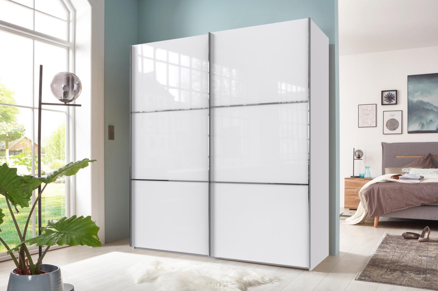 Schwebetürenschrank >ESCAPE< (BxH: 250x236 cm) in WEISS + GLAS WEISS Bild 1