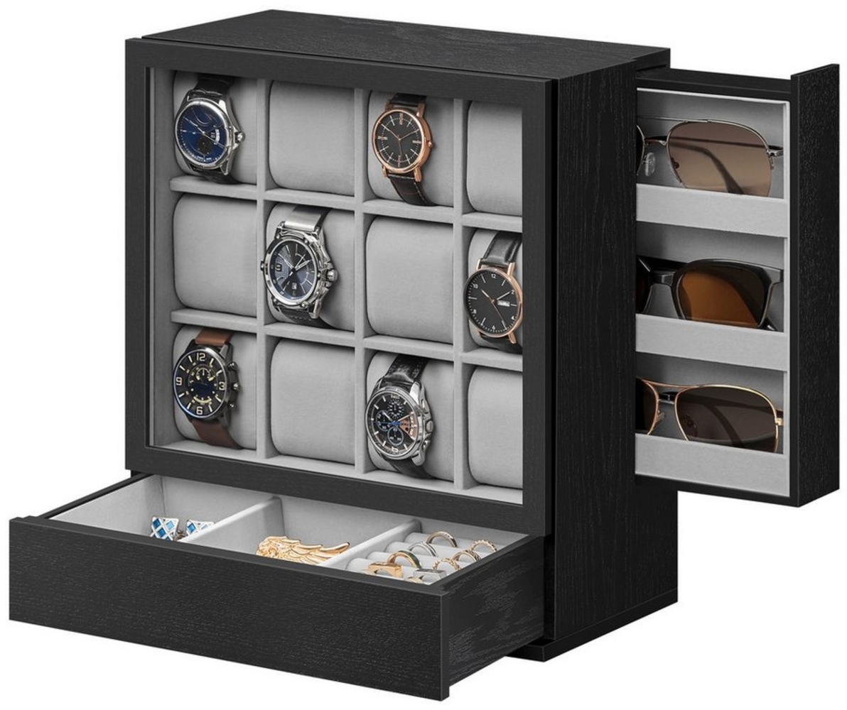 SONGMICS Uhrenbox 12 Fächer, Uhrenkasten mit Fenster, Uhren-Präsentation, Massivholzfurnier, Samtfutter, vertikale Aufbewahrung, platzsparend, Geschenkidee, ebenholzschwarz JOWDE014B01 Bild 1