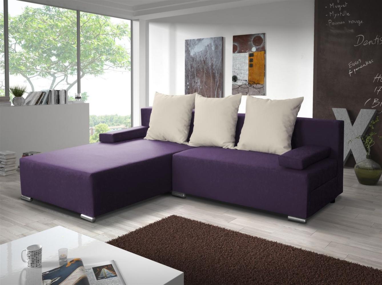 Ecksofa Sofa LUCY mit Schlaffunktion Violett / Beige Ottomane Links Bild 1