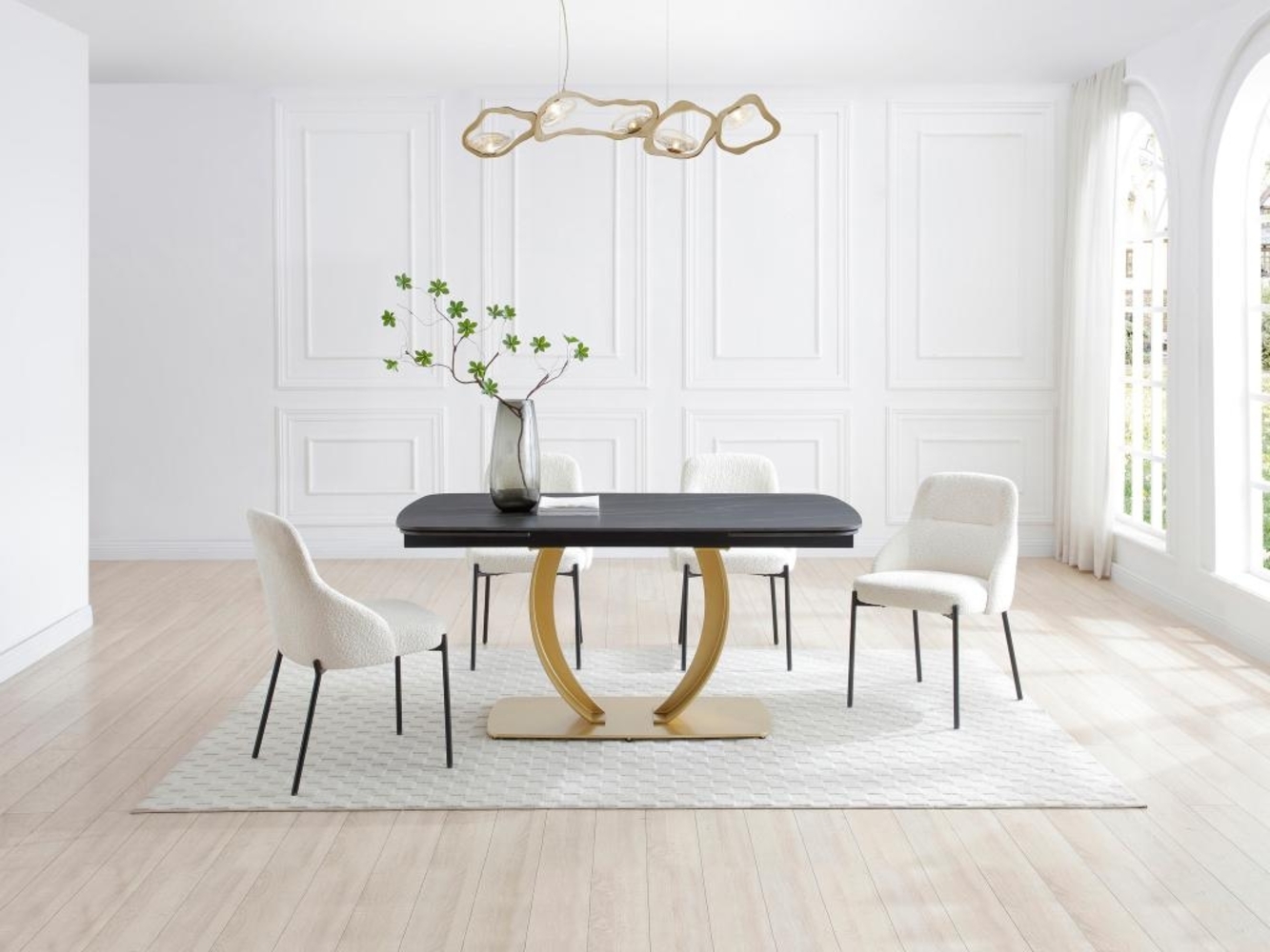 Vente-unique - Esstisch ausziehbar - 6 bis 10 Personen - Keramik & goldfarbenes Metall - Marmor-Optik Schwarz - OLIFIA von Maison Céphy Bild 1