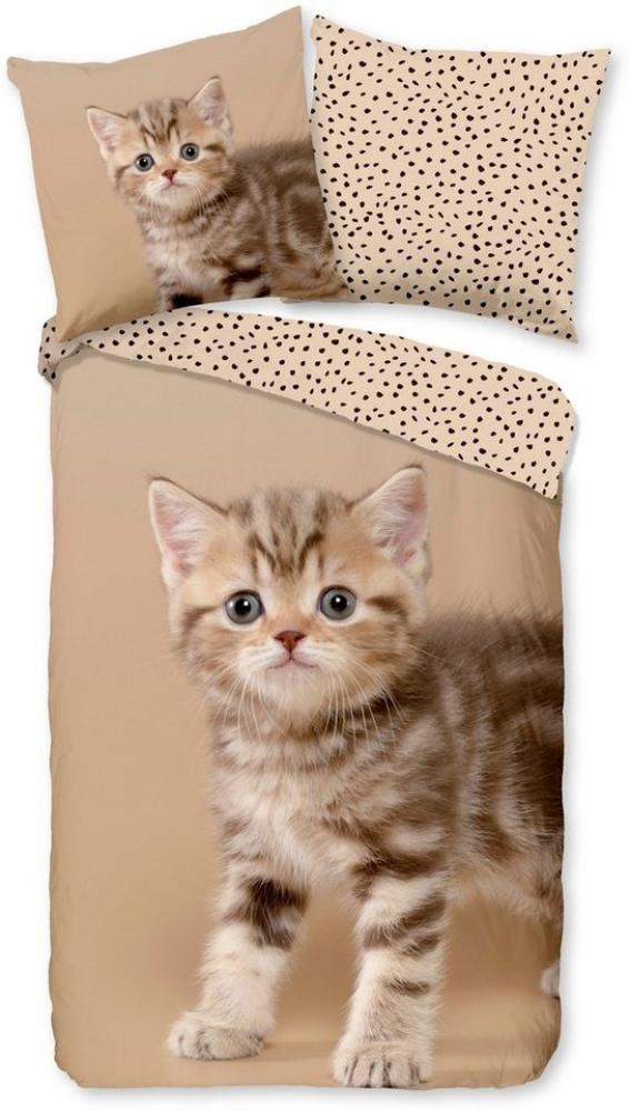 good morning Kinderbettwäsche Stripe kitty, Biber, Flanell, 2 teilig, Biber, 135x200, Warm, Weich, Wendeoptik, Reißverschluss, Kind, Katze Bild 1