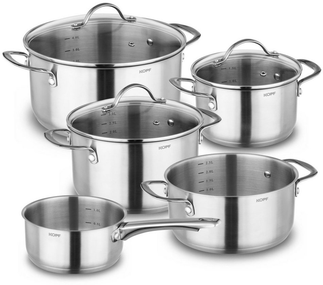 Kopf Topf-Set Clara, Edelstahl (Set, 8-tlg, 4 Kochtöpfe (16,20,20,24cm), 1 Stielkasserolle (16cm), 3 Glasdeckel), Kochtopfset, Töpfe Induktion, Spülmaschinengeeignet, Backofenfest Bild 1