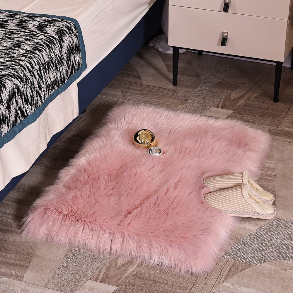 HEQUN Lammfell-Teppich Kunstfell Schaffell Imitat | Wohnzimmer Teppiche Flauschig Lange Haare Fell Optik Gemütliches Schaffell Bettvorleger Sofa Matte (60x90 cm, Rosa) Bild 1