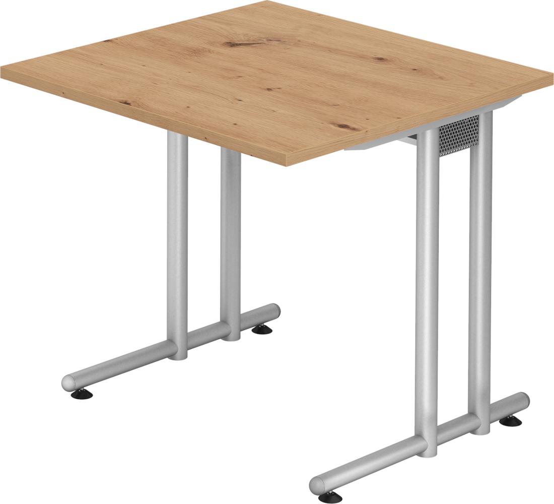 bümö® Schreibtisch N-Serie, Tischplatte 80 x 80 cm in Asteiche, Gestell in silber Bild 1