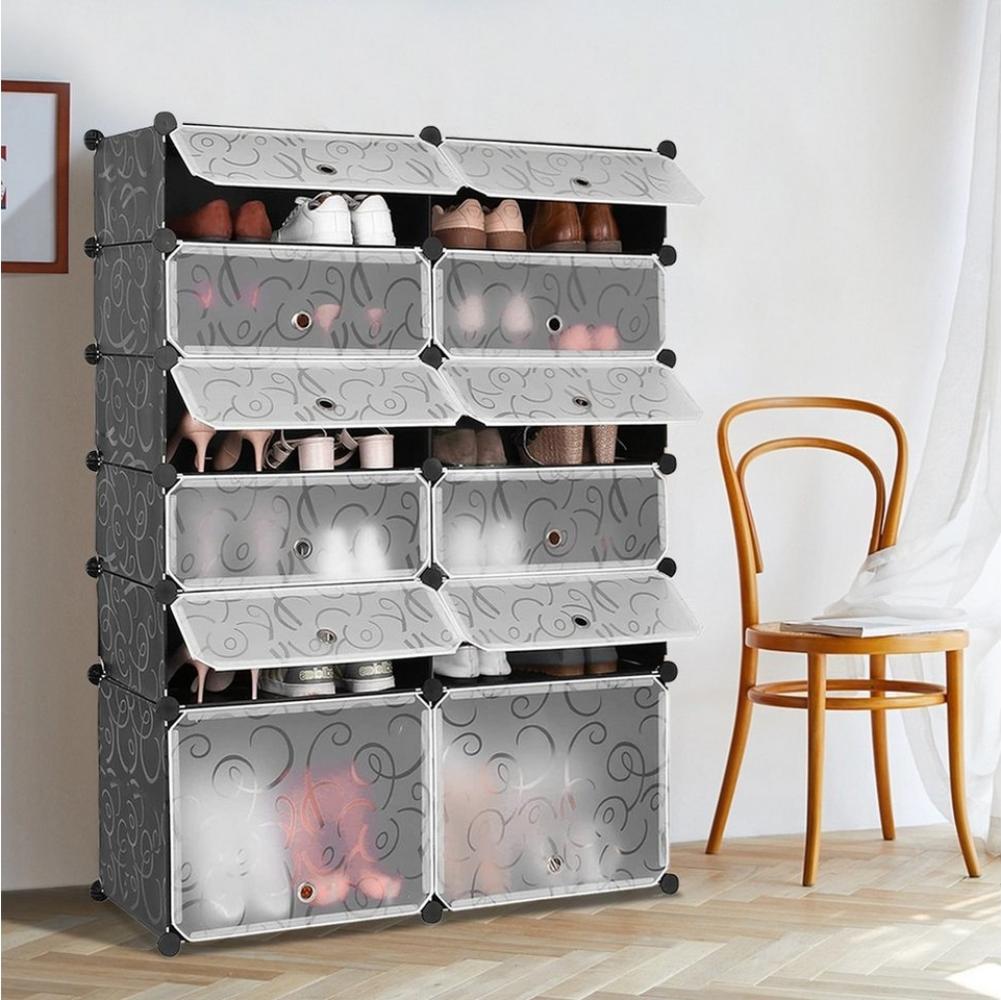 Hiazurm Schuhregal Schuhregal,Schuhschränke,Schuhablage, DIY Schuhregal, vielseitiger Cube-Speicher-Organisator-Plastikschrank mit Türen, gelocktes Schwarzweiss-einfaches zusammenbauen (91*36*125cm, 6-Tier) Bild 1