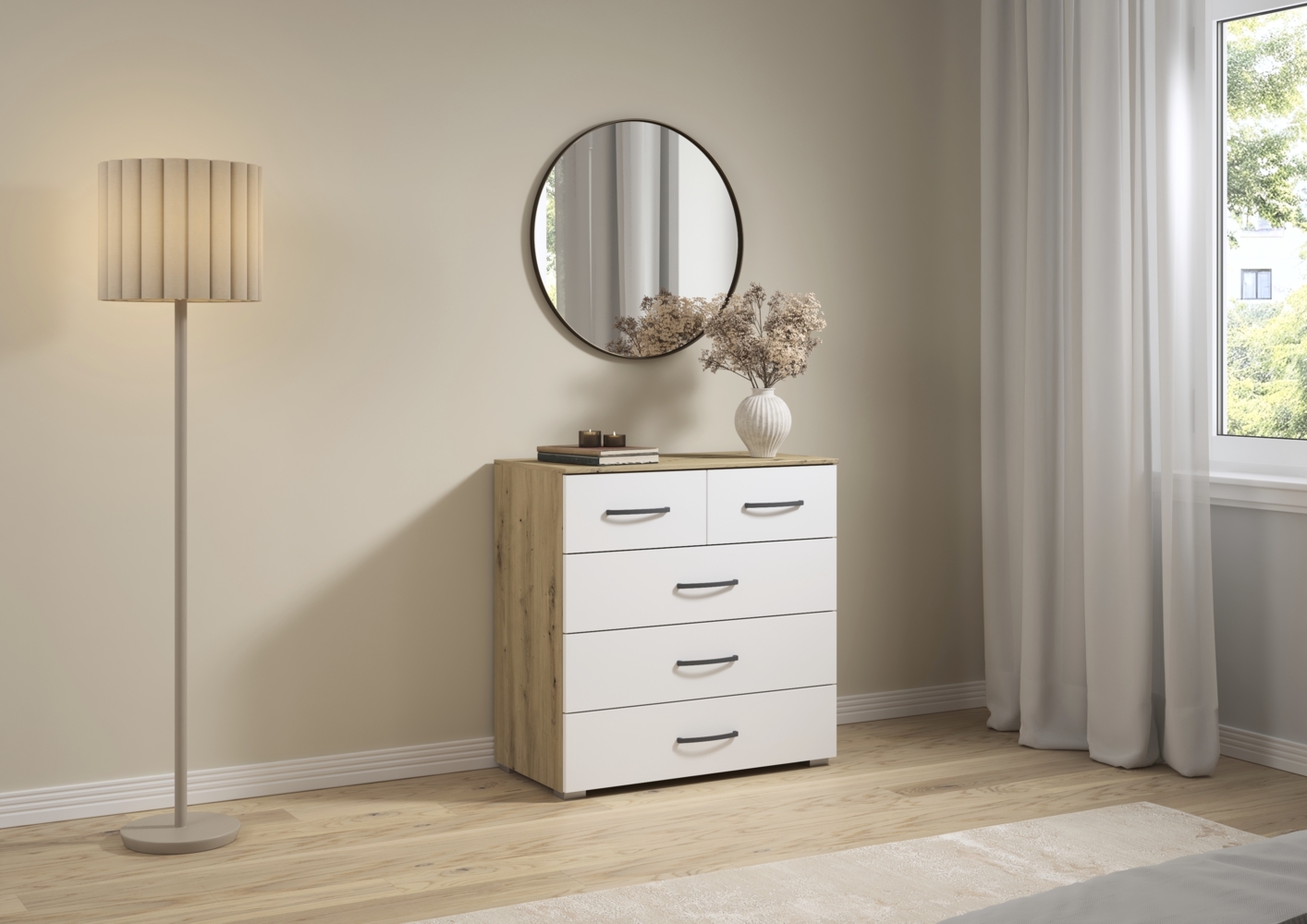 rauch Aditio Box, Kommode, 5 Schubladen, mit Softclose-Funktion, Farbe Weiß/Eiche Artisan, BxHxT 80x81x42cm Bild 1