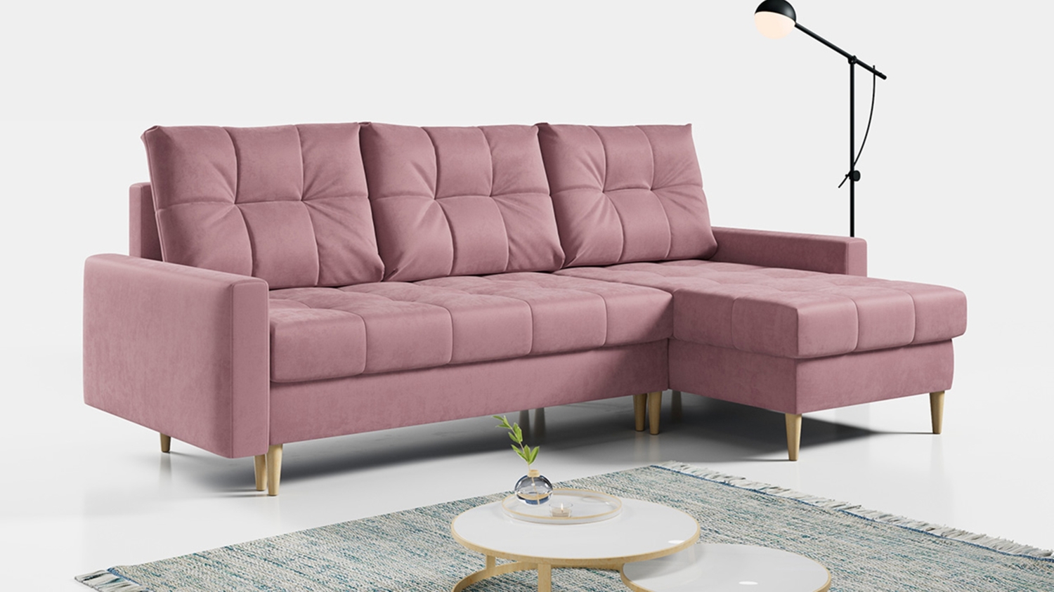 Ecksofa Wohnzimmer - L-form mit Schlaffunktion und Bettkasten - ASTRA - Rosa Mikrofaser Bild 1