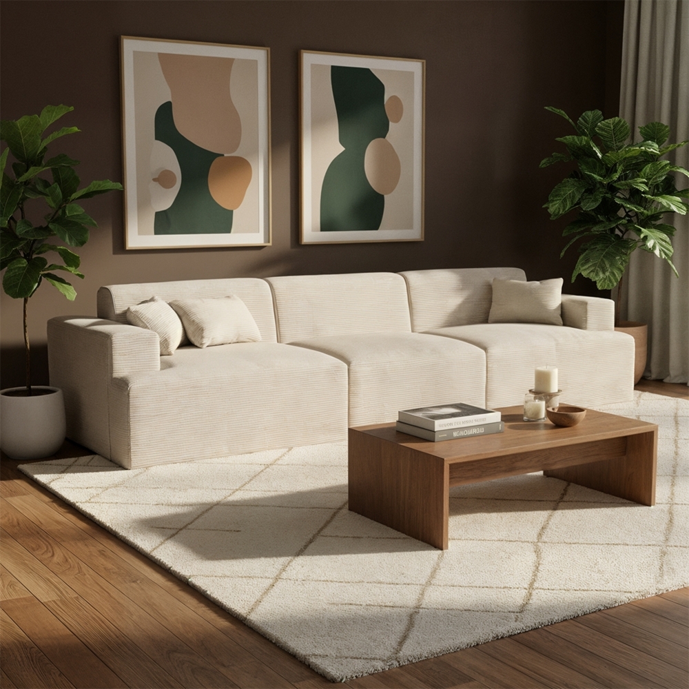 skølm 'Freki' Cloud Sofa 3 Sitzer, Vollschaumcouch mit Vakuum-Kompression, kein Aufbau erforderlich, mit 3 Kissen, Cord beige Bild 1