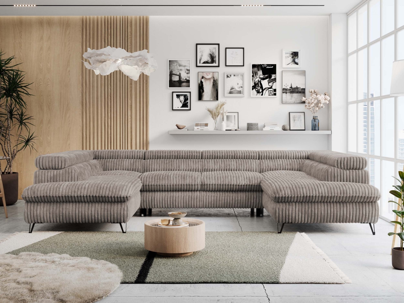 Ecksofa U-Form, mit Bettkasten, Bettfunktion und Einstellbare Kopfstützen, Sofa big XXL - PETER U - Hellbraun Cord - Topper T25 Bild 1