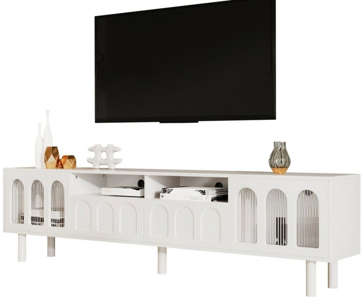 Refined Living Lowboard TV-Schrank Fernsehtisch TV-Schrank mit Glastür TV-Möbel TV-Board Weiß (180 L x 48 H x 30 B (cm), TV-Möbel mit Schubladen, 1 St, 2Türen, 2 Schubladen und 2 offenen Fächern gewölbte lowboard), mit strukturiertes Glas, OPEN-TO-PUSH... Bild 1