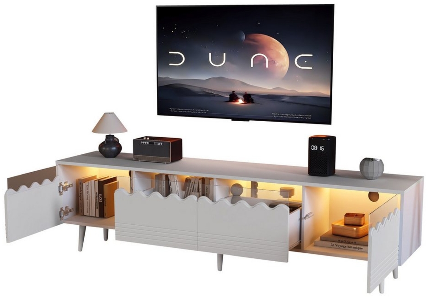 Merax Lowboard mit LED-Beleuchtung und USB-Anschluss (Fernsehschrank Fernsehtisch für Wohnzimmer & Schlafzimmer, 1 St, 176*38*45cm), TV-Schrank mit gehärtetem Glas, 2 Schubladen und 2 Türen Bild 1