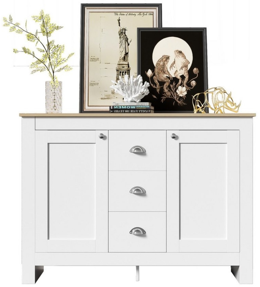 HAUSS SPOLE Sideboard mit 2 Türen, 3 Schubladen, Silbernen Griffen, Verstellbarem Regal weiß (Kommode im Landhausstil, 1 St, 2 Türen, 3 Schubladen), mit Verstellbarem Regal und Soft-Close-Scharnieren Bild 1