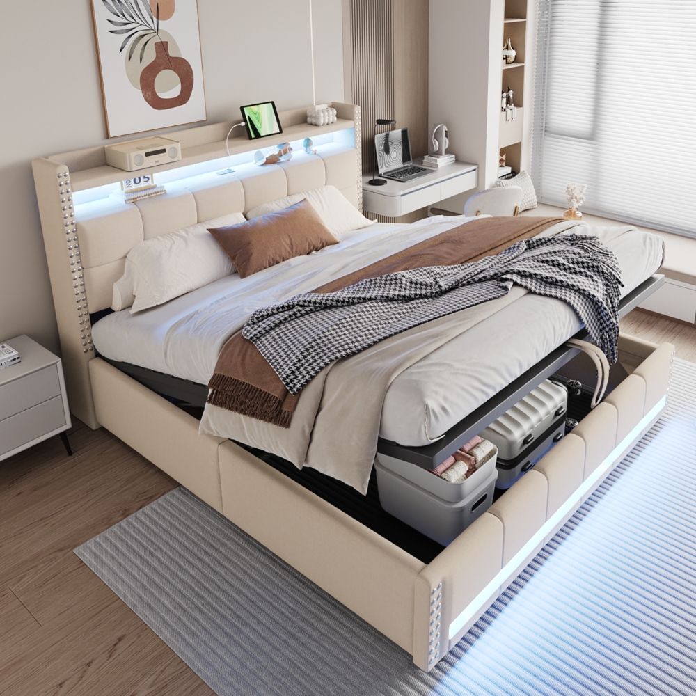 Merax Polsterbett Doppelbett 180*200cm mit LED-Beleuchtung und USB-Steckdose, Mit Hydraulik für die Lagerung, Leinen Beige Bild 1
