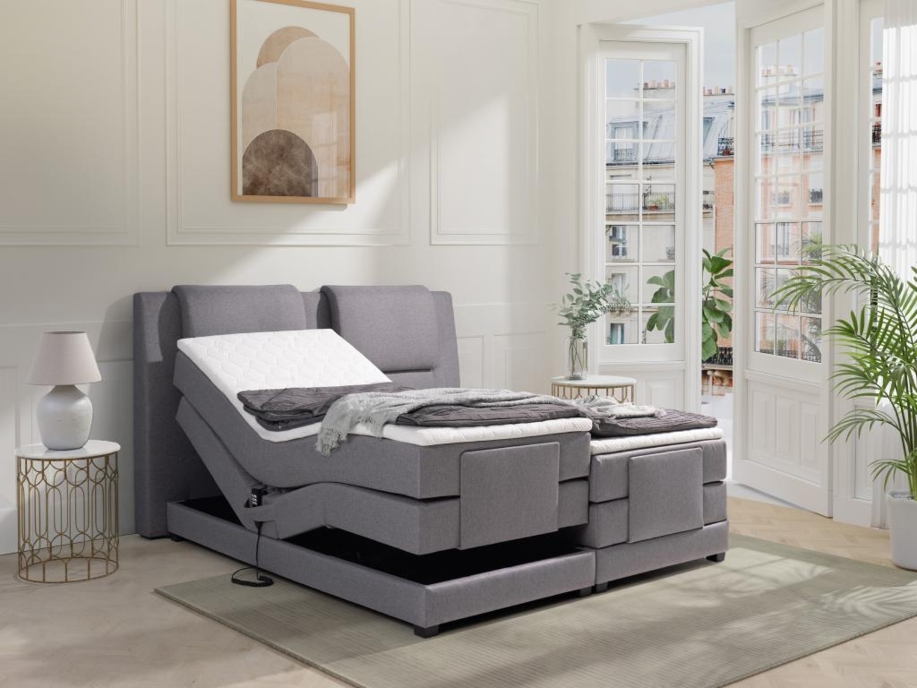 Vente-unique - Boxspringbett mit Bettkopfteil + elektrischem Untergestell mit Relaxfunktion + Matratzen + Topper - 2 x 80 x 200 cm - Stoff - Hellgrau - CASTEL II von PALACIO Bild 1