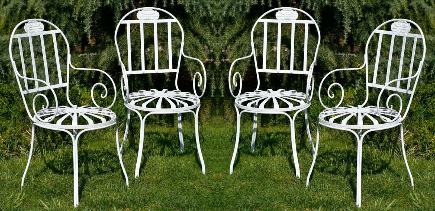 Casa Padrino Jugendstil Garten Stuhl 4er Set Weiß 47x47 x H. 94 cm - Handgefertigte Schmiedeeisen Stühle mit Armlehnen - Nostalgische Schmiedeeisen Garten & Terrassen Möbel Bild 1