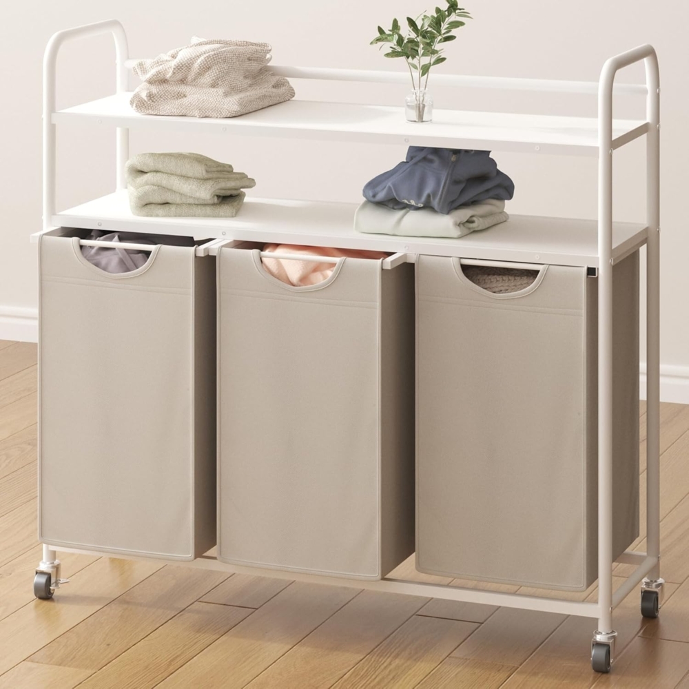 Wäschekorb 3 Fächer, 3 x 46L, Wäschesammler mit 2 Ablagen, Wäschesortierer, Wäschesack ausziehbar und abnehmbar, pro Tasche 46 Liter, für Badezimmer, Waschküche, Weiß Bild 1