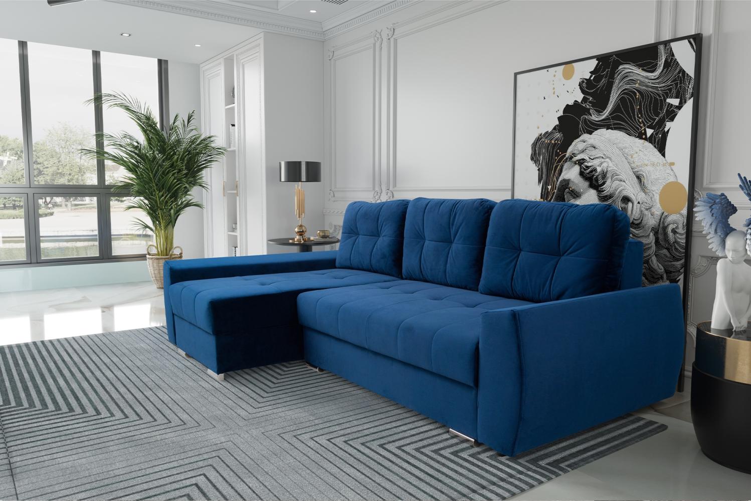 MEBLINI Schlafcouch mit Bettkasten - FURLA – 250x151x90cm Links – Blau Samt - Kleines Ecksofa mit Schlaffunktion - Sofa mit Relaxfunktion und Kissen - Kleine Couch L-Form – Eckcouch Bild 1