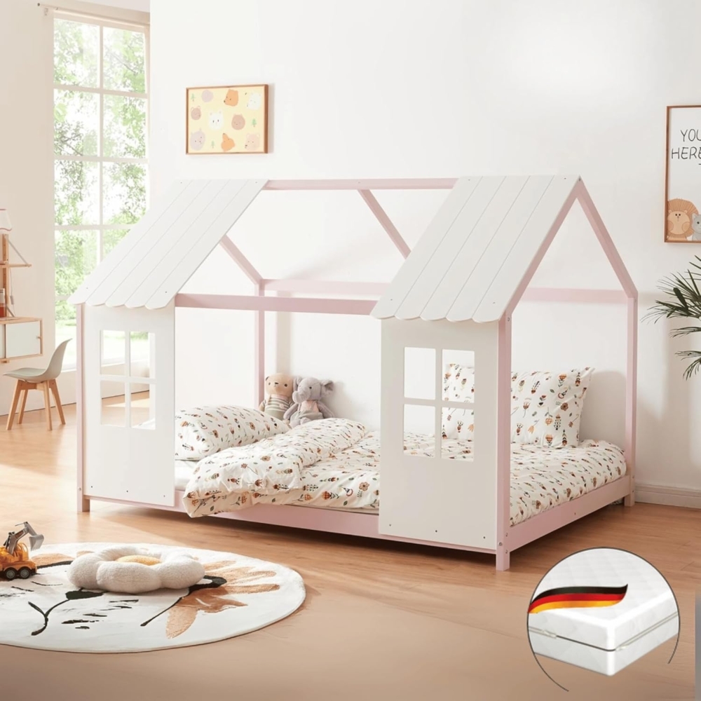 DELUKE® Kinderbett 140x200 GELO - mit Matratze Lattenrost Rausfallschutz Haus-OptikEinzelbett aus Holz Hausbett Kinderzimmer Montessori Bett Rosa Bild 1