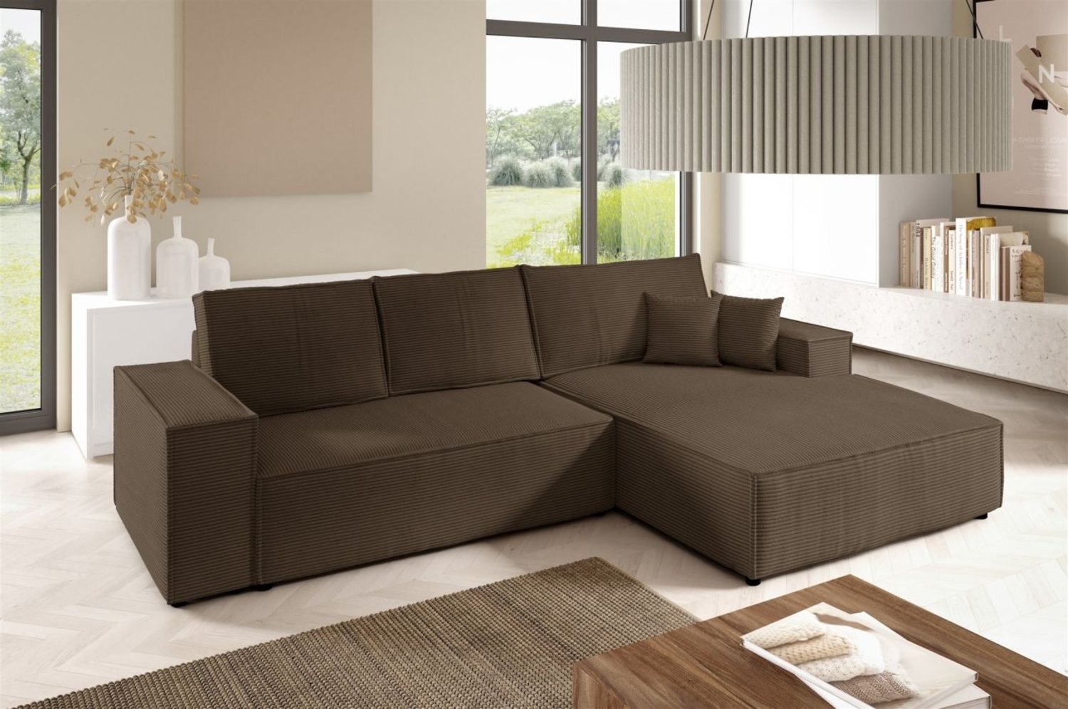 Ecksofa Schlafsofa CORUNIA Stoff Poso Braun Ottomane Rechts Bild 1