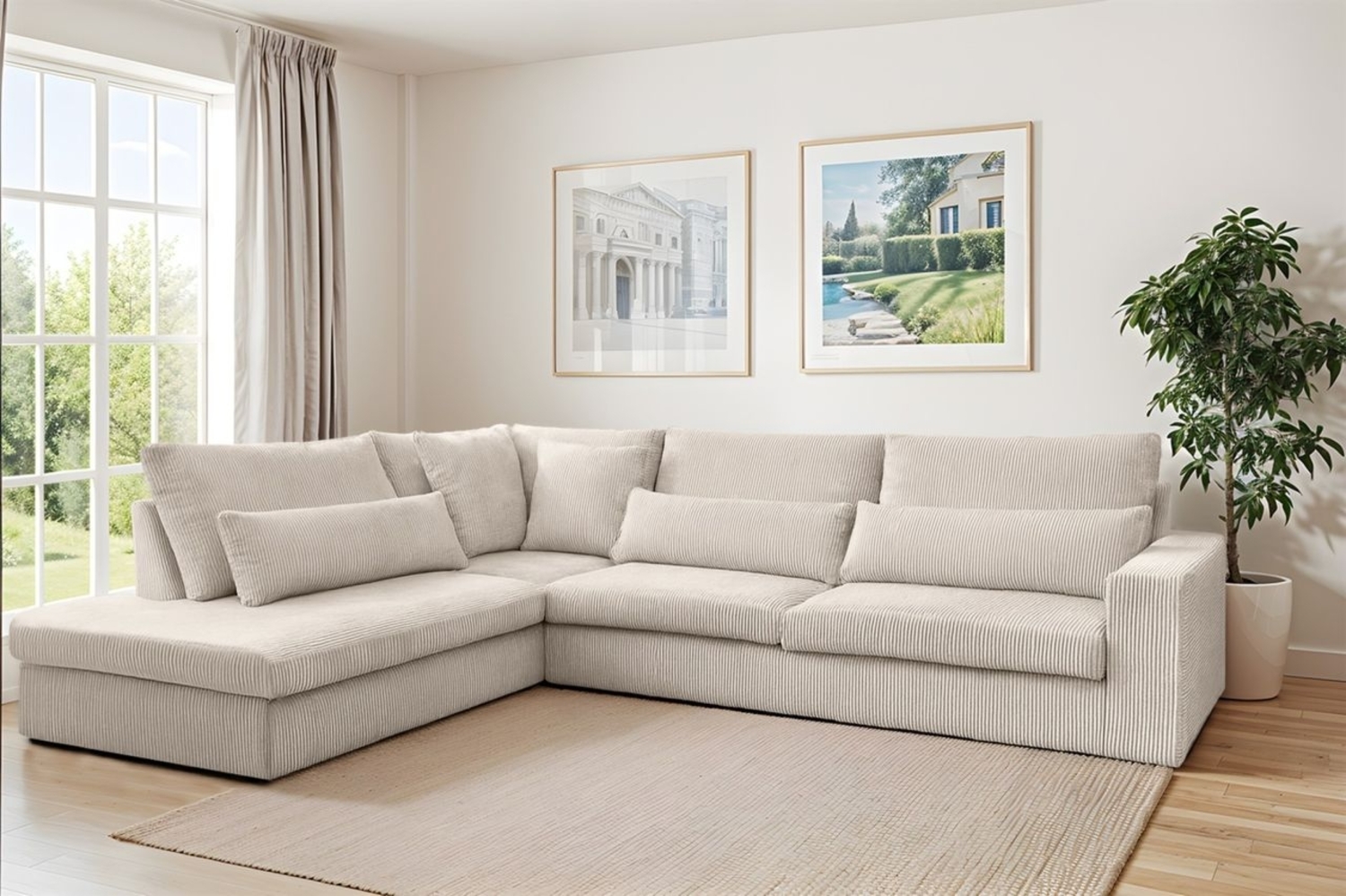 Ecksofa Designersofa THORA in Stoff Poso Altweiß Ottomane Links Bild 1