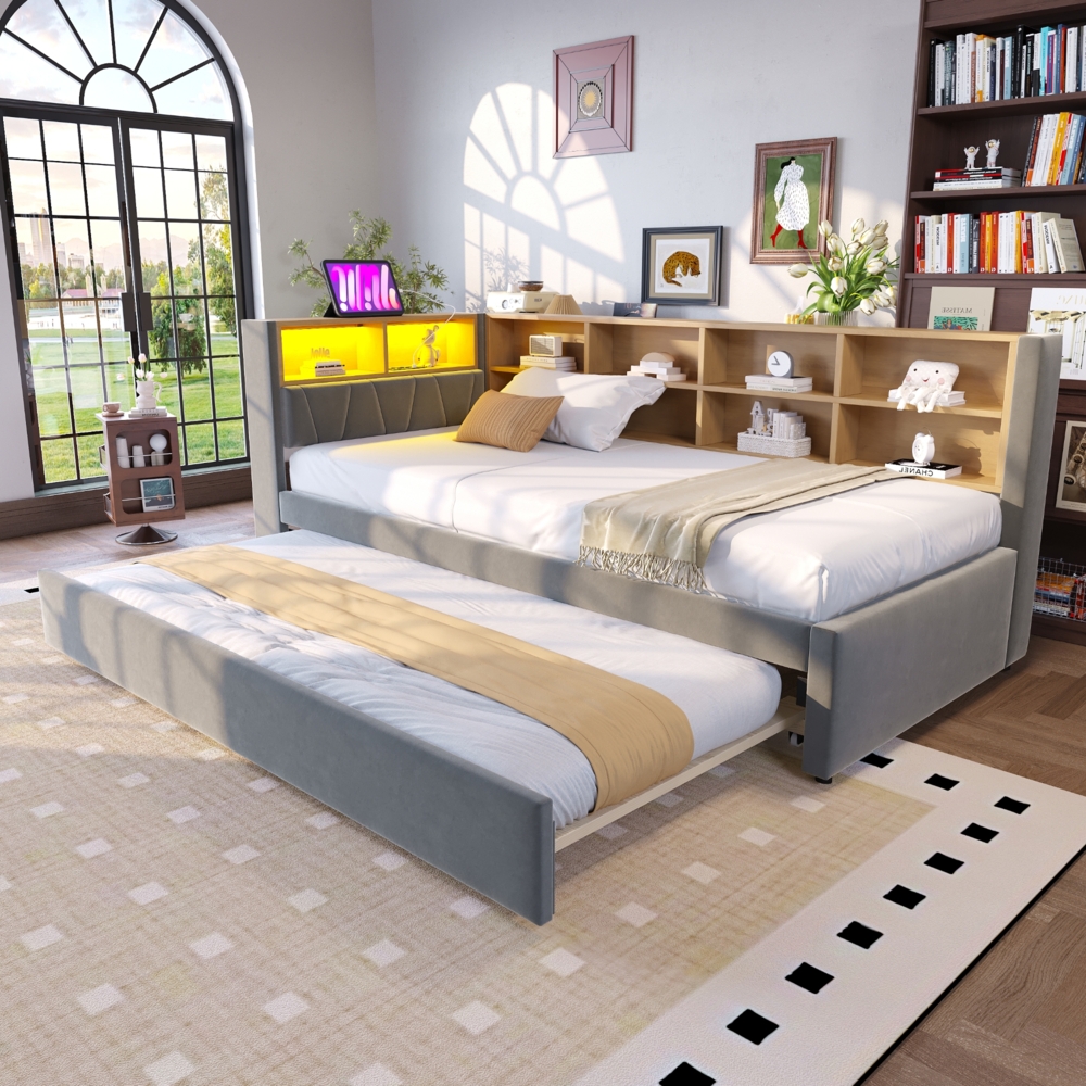 Schlafsofa 90x200 mit Ausziehbett 90x190 – Flanell Dunkelgrau, LED-Beleuchtung und Multifunktionsanschlüsse Bild 1