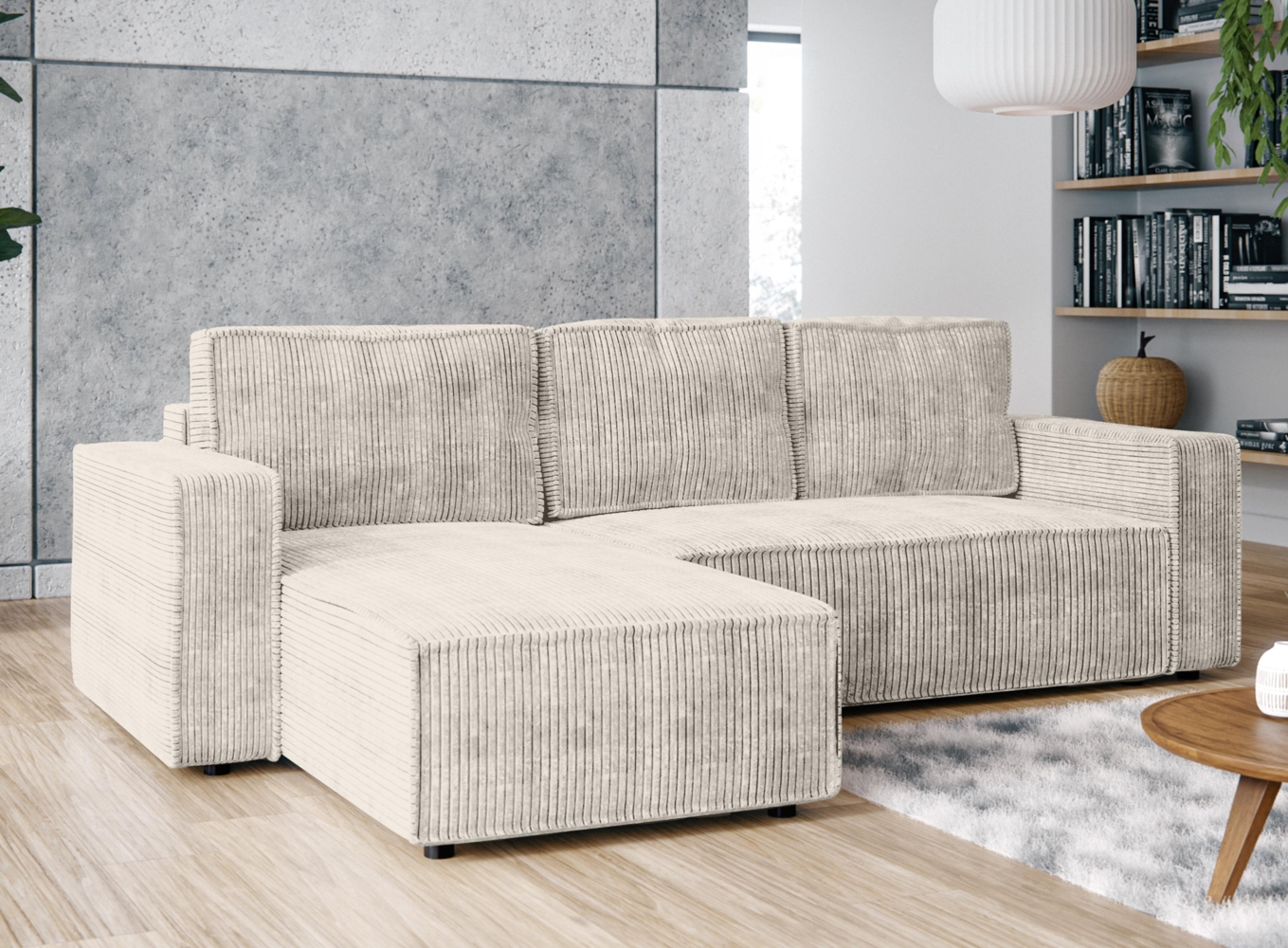 AX LIVING Ecksofa L Form Aydin Cord Schlafsofa Creme Schlaffunktion Bild 1