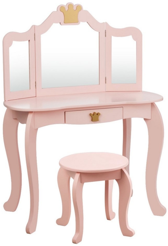 COSTWAY Kinder Schminktisch mit Hocker und Abnehmbarer Spiegel, Mädchen Frisiertisch Holz, Kindertisch mit Schublade, Spiegeltisch 80x42x106cm Rosa Bild 1