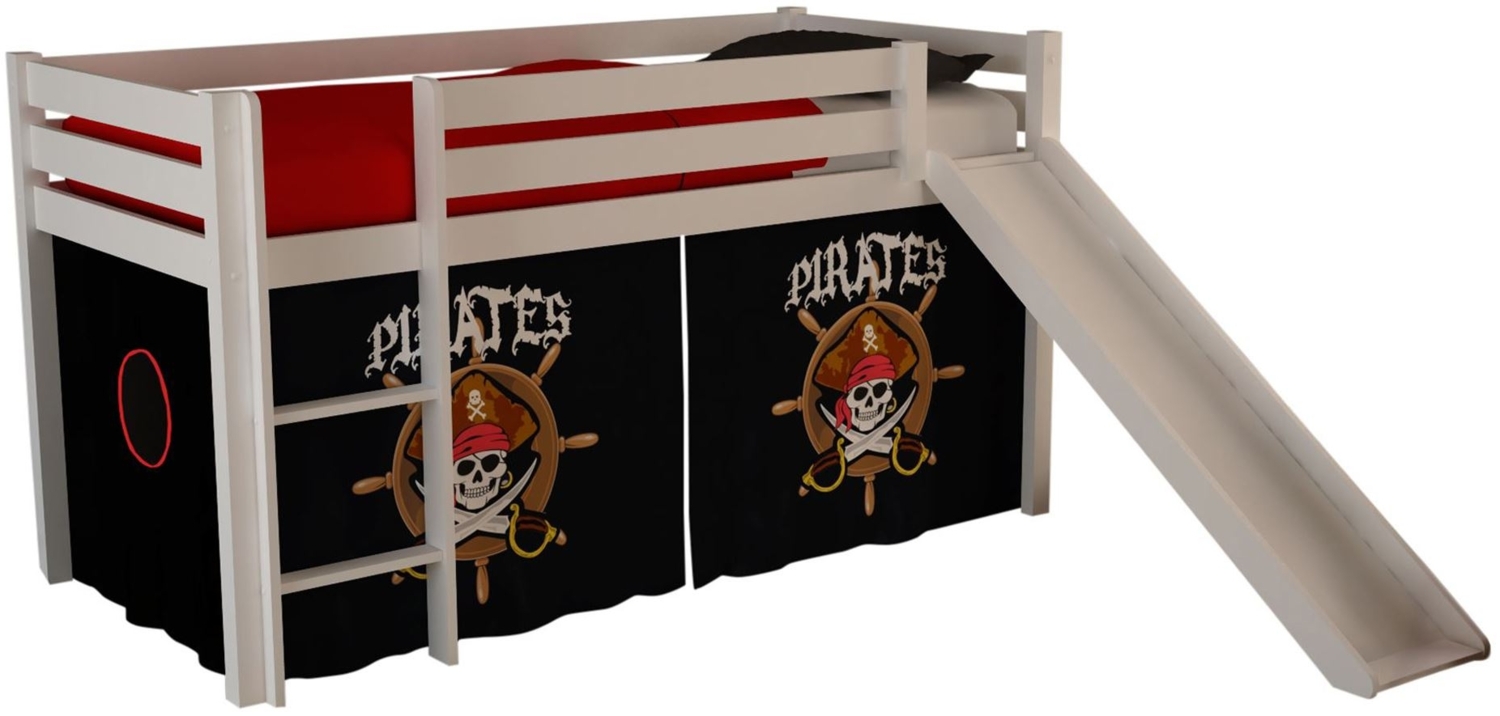 Kinderbett mit Rutsche Karolina Massivholz Weiß Textilset Pirate Bild 1
