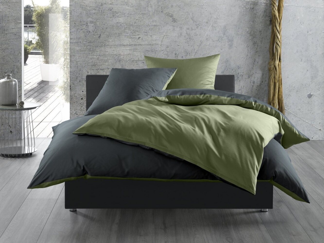 Mako Satin Wende Bettwäsche dunkelgrün anthrazit 200x220 + 2x 80x80 Bild 1